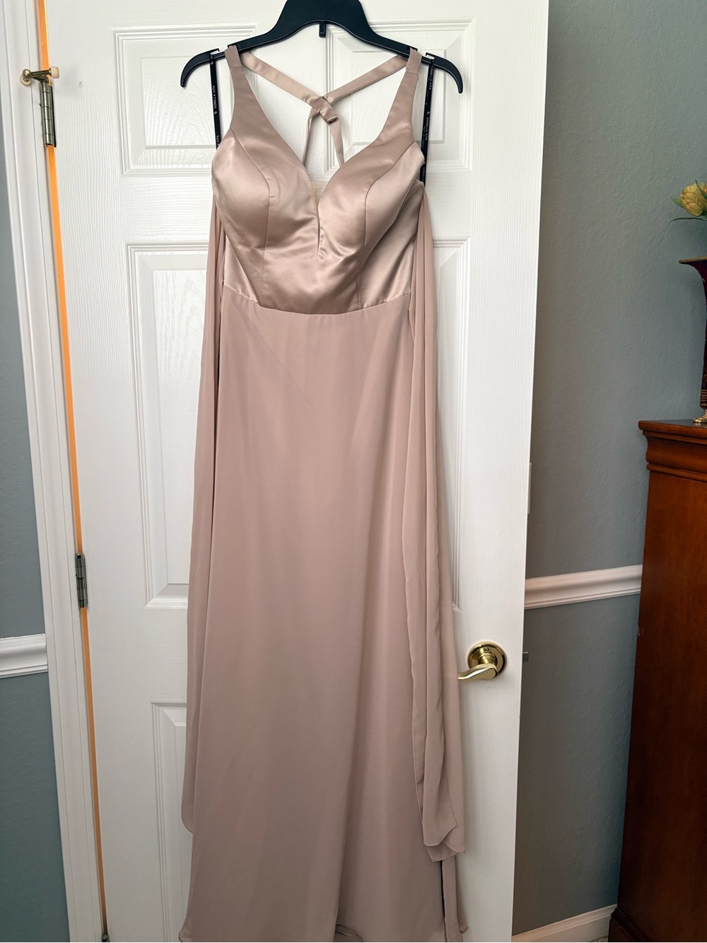 SORELLA VITA Taupe Satin Bodice Chiffon Maxi Gown